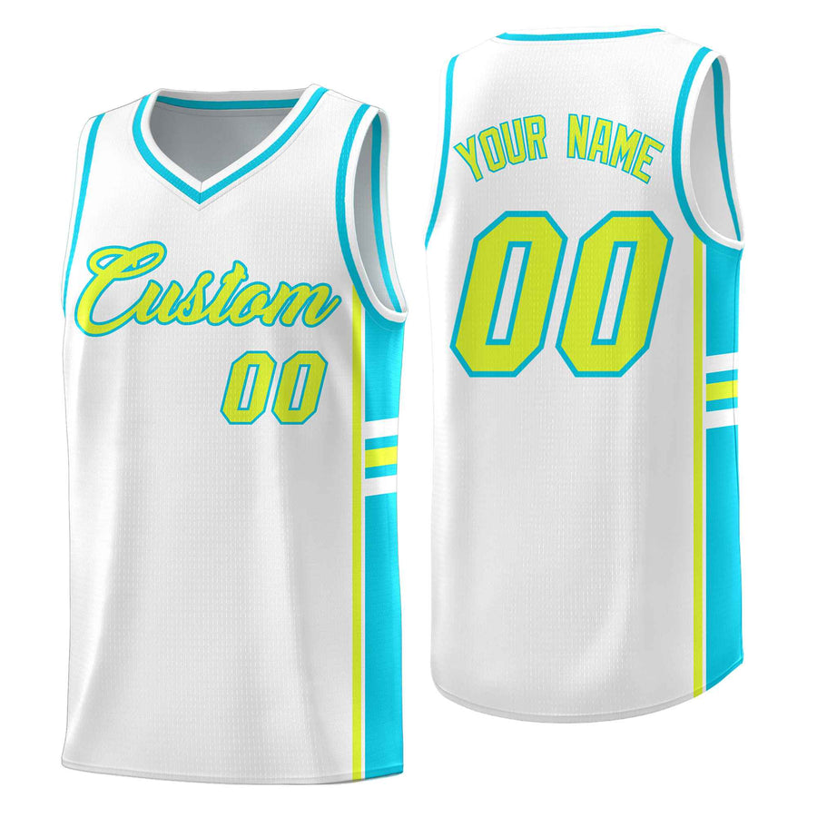 Custom White Sky Blue Classic Color Block Drapable Varsity Uniform Basketball Jersey | BuyFootballJersey