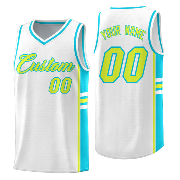 Custom White Sky Blue Classic Color Block Drapable Varsity Uniform Basketball Jersey | BuyFootballJersey