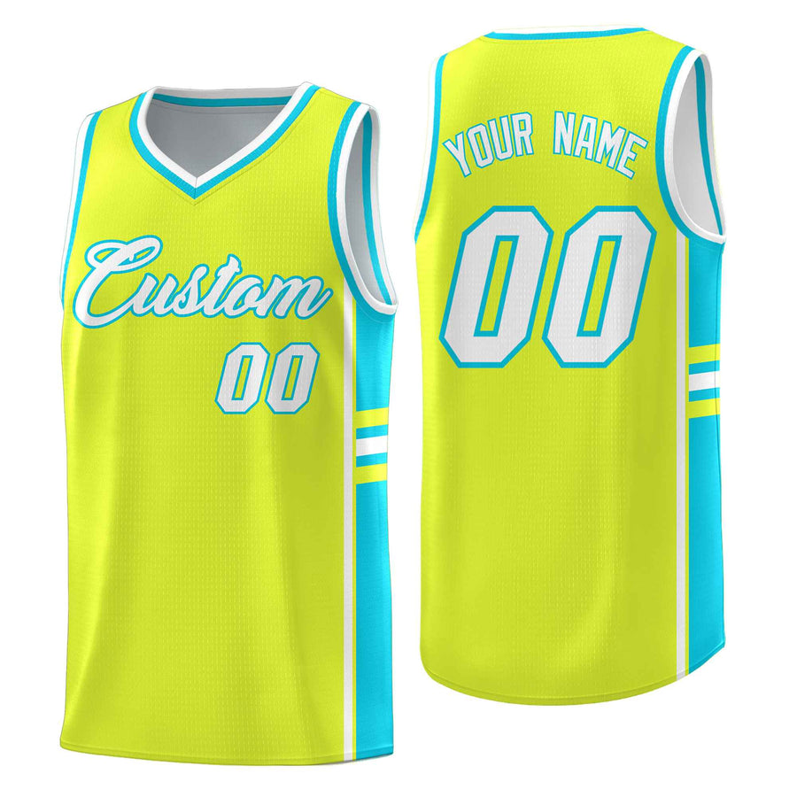 Custom Fluorescent Green Sky Blue Classic Color Block Breathable Personalized Uniform Basketball Jersey | BuyFootballJersey