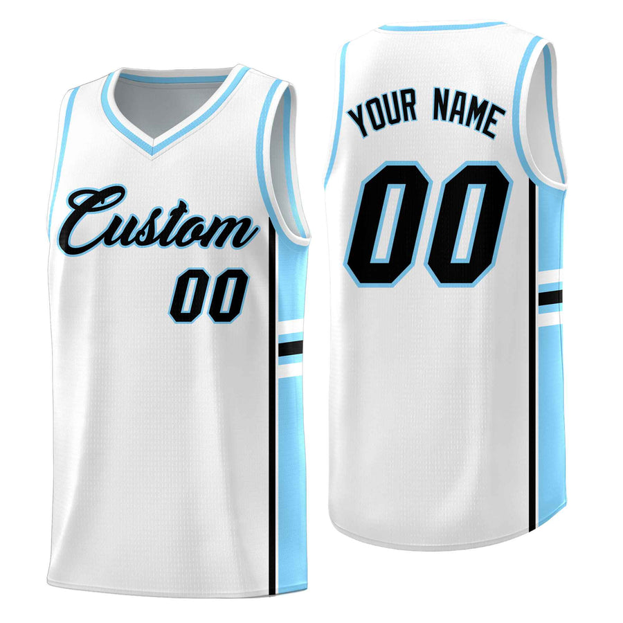 Custom White Light Blue Classic Color Block Breathable Varsity Uniform Basketball Jersey | BuyFootballJersey
