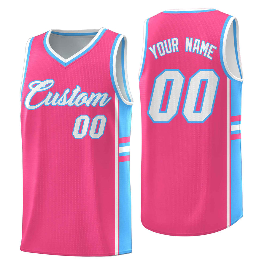 Custom Pink Powder Blue Classic Color Block Drapable Varsity Uniform Basketball Jersey | BuyFootballJersey