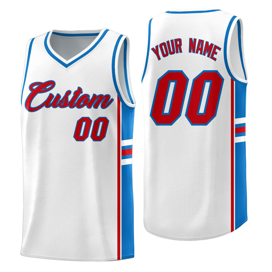 Custom White Royal Classic Color Block Drapable Personalized Uniform Basketball Jersey | BuyFootballJersey