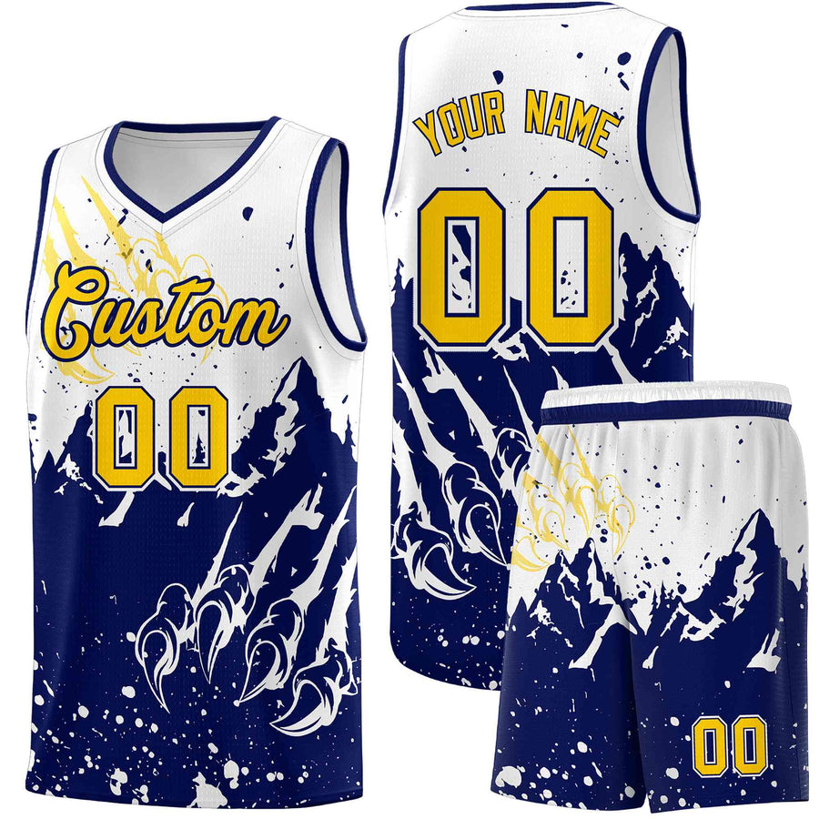 Custom White Navy Snow Mountain Beast Pattern Sports Uniform Basketball Jersey | BuyFootballJersey