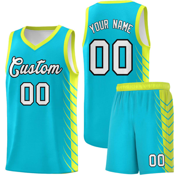 Custom Sky Blue Fluorescent Green Personalized Side Symmetrical Line Pattern Sports Uniform Basketball Jersey | BuyFootballJersey