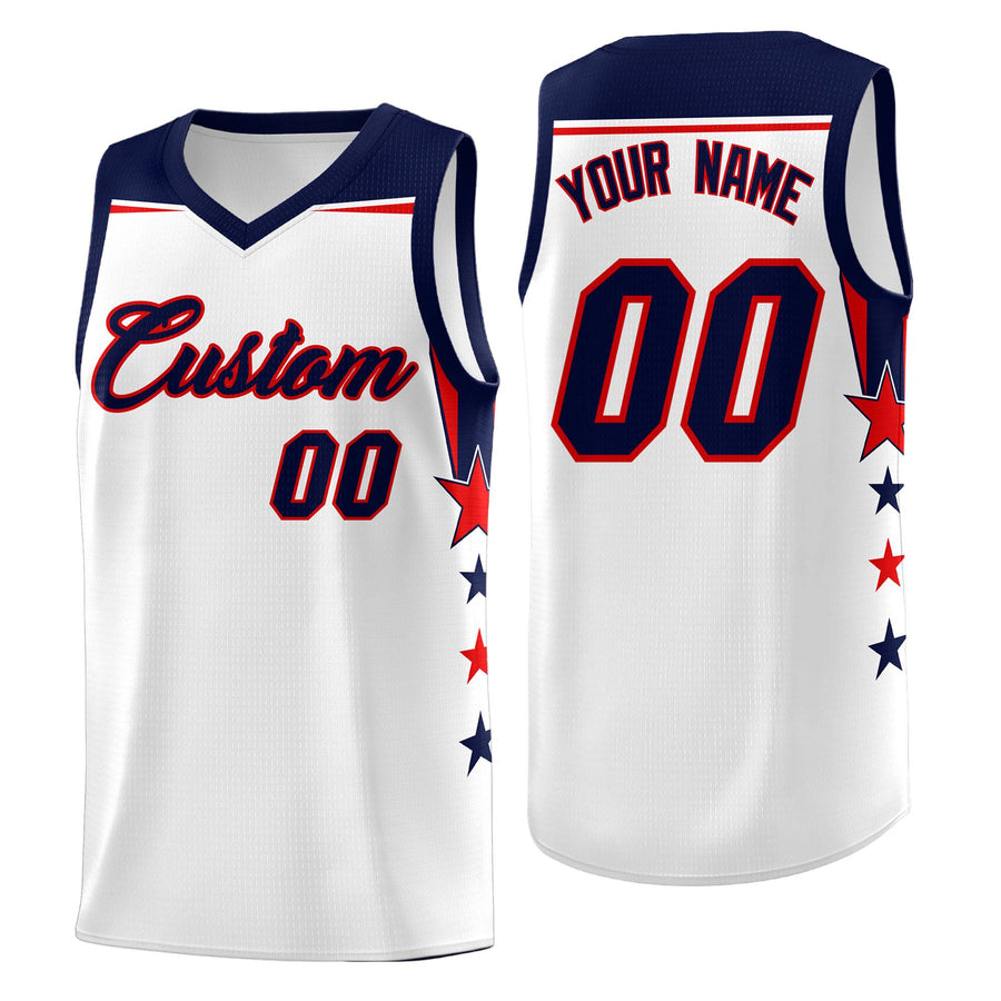 Custom White Navy Two Tone Side Star Color Block Breathable Uniform Basketball Jersey | BuyFootballJersey