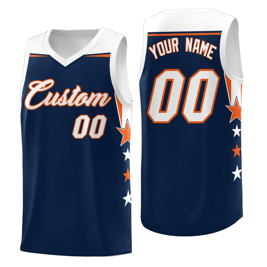 Custom Navy White Two Tone Side Star Color Block Drapable Uniform Basketball Jersey | BuyFootballJersey