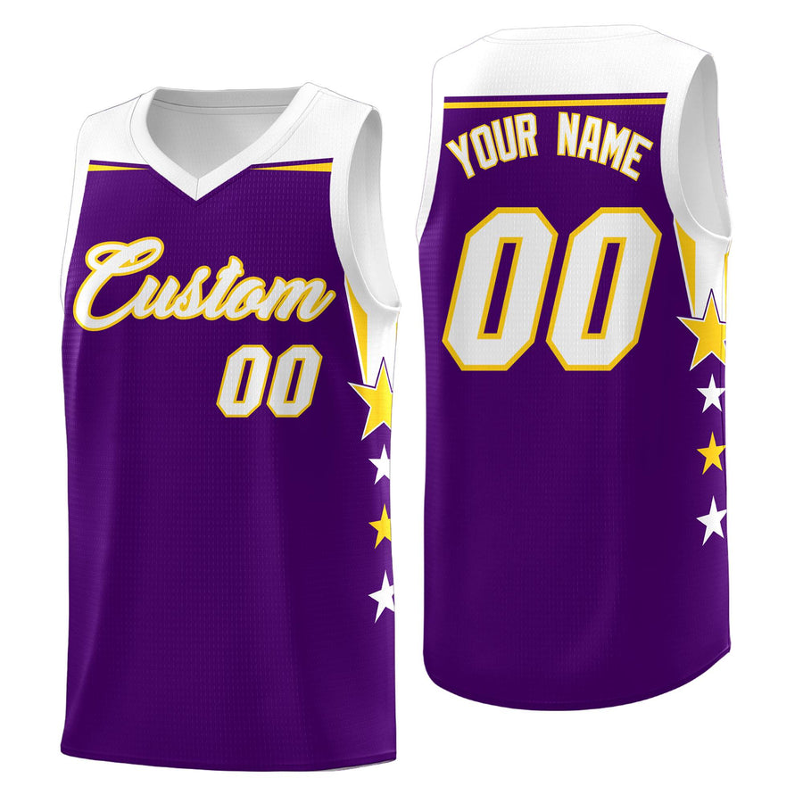 Custom White Gold Two Tone Side Star Color Block Quick-Drying Uniform Basketball Jersey | BuyFootballJersey