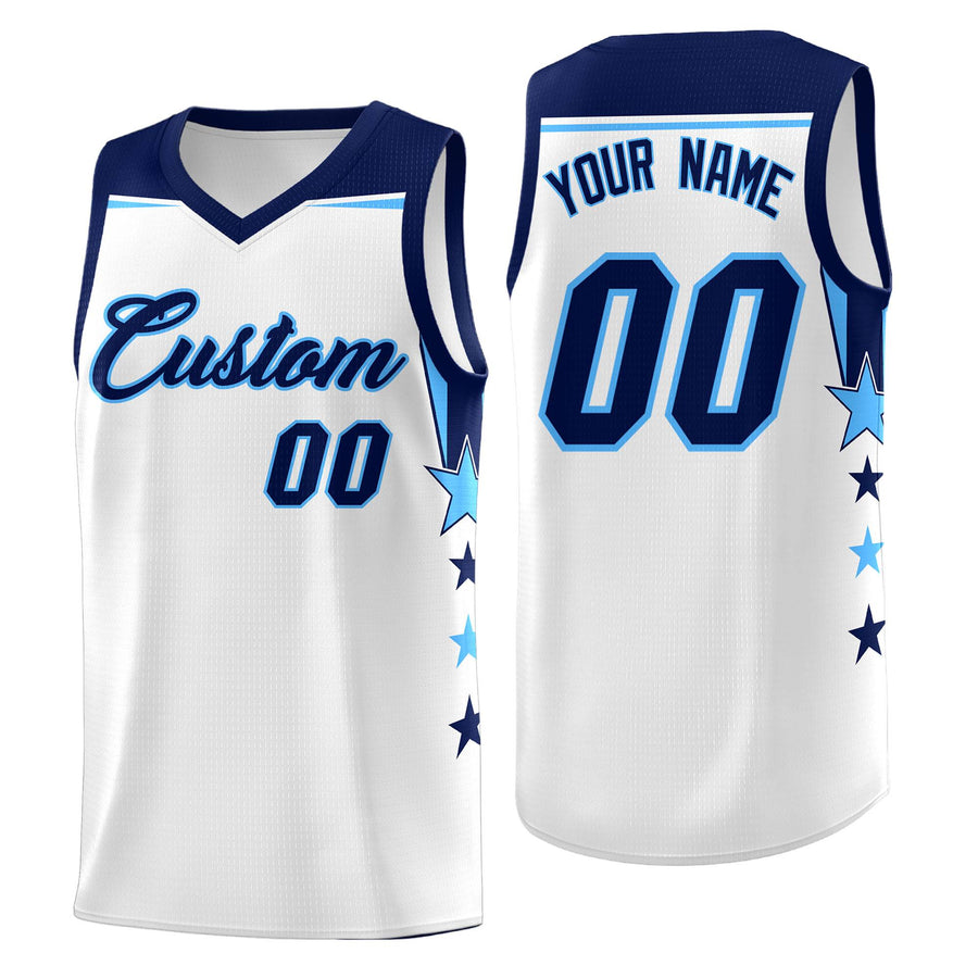 Custom White Light Blue Two Tone Side Star Color Block Drapable Uniform Basketball Jersey | BuyFootballJersey