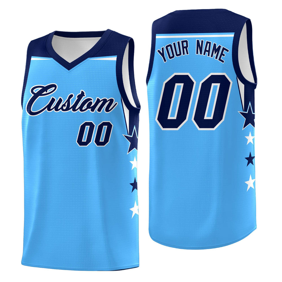 Custom Light Blue Black Two Tone Side Star Color Block Breathable Uniform Basketball Jersey | BuyFootballJersey