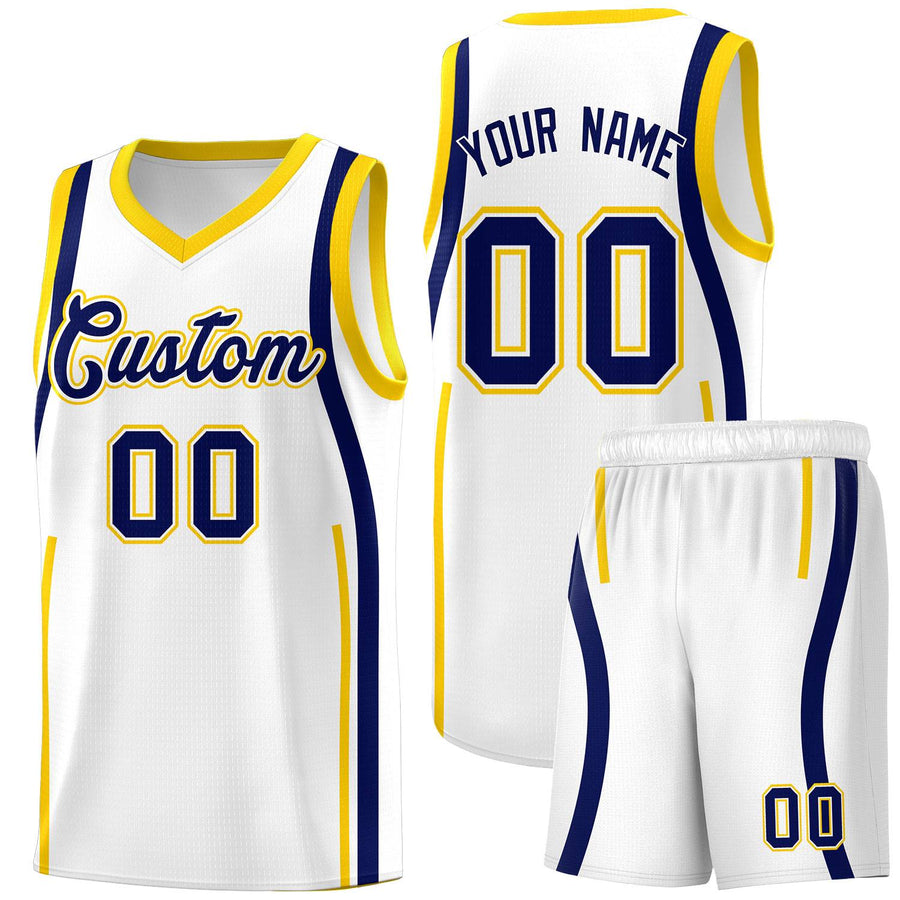 Custom White Navy-Gold Ribbon Pattern Basketball Kits | BuyFootballJersey