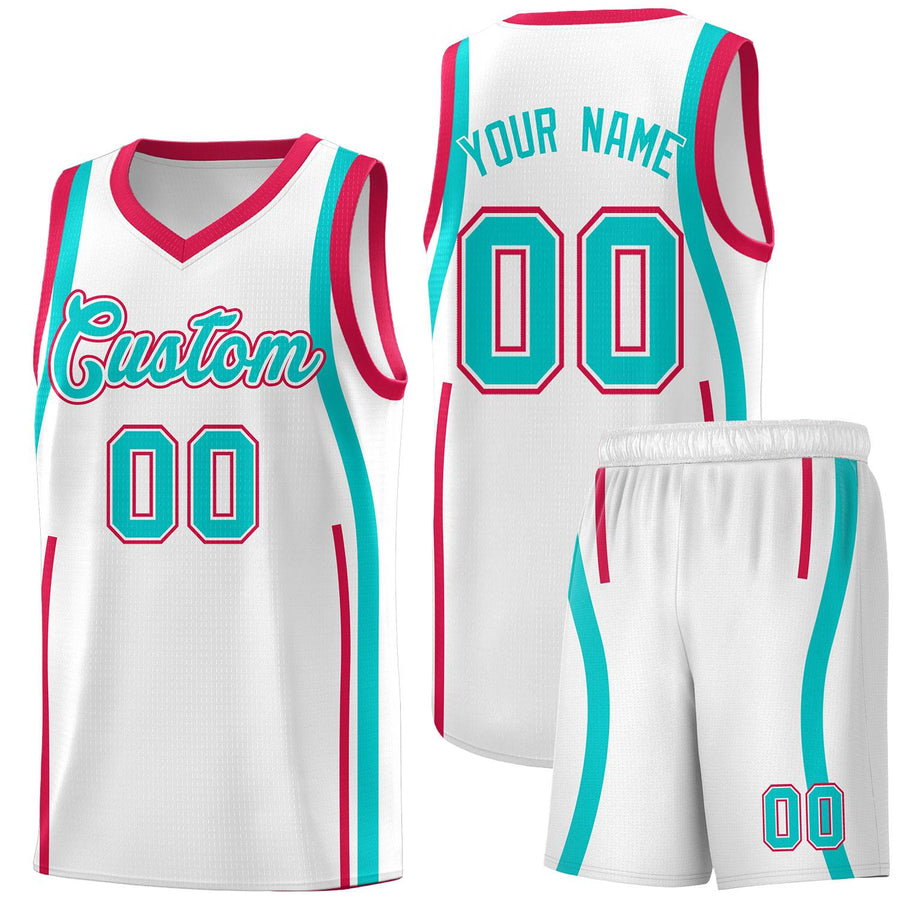 Custom White Aqua-Red Ribbon Pattern Basketball Kits | BuyFootballJersey