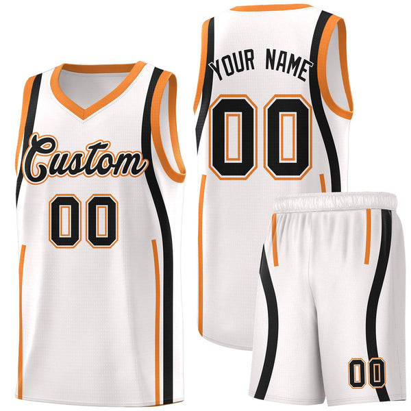 Custom White Gold Orange-Black Ribbon Pattern Basketball Kits | BuyFootballJersey