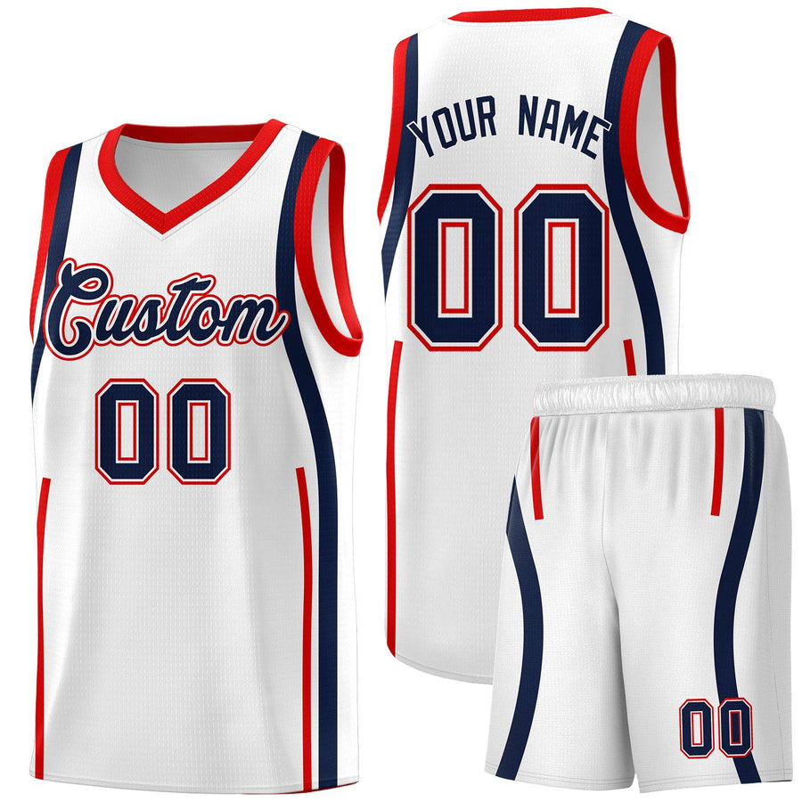 Custom White Navy-Red Ribbon Pattern Basketball Kits | BuyFootballJersey