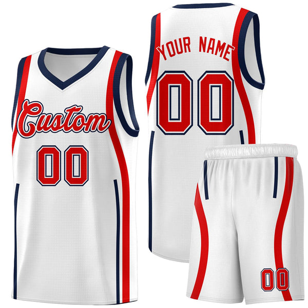 Custom White Navy-Red Ribbon Pattern Basketball Kits | BuyFootballJersey
