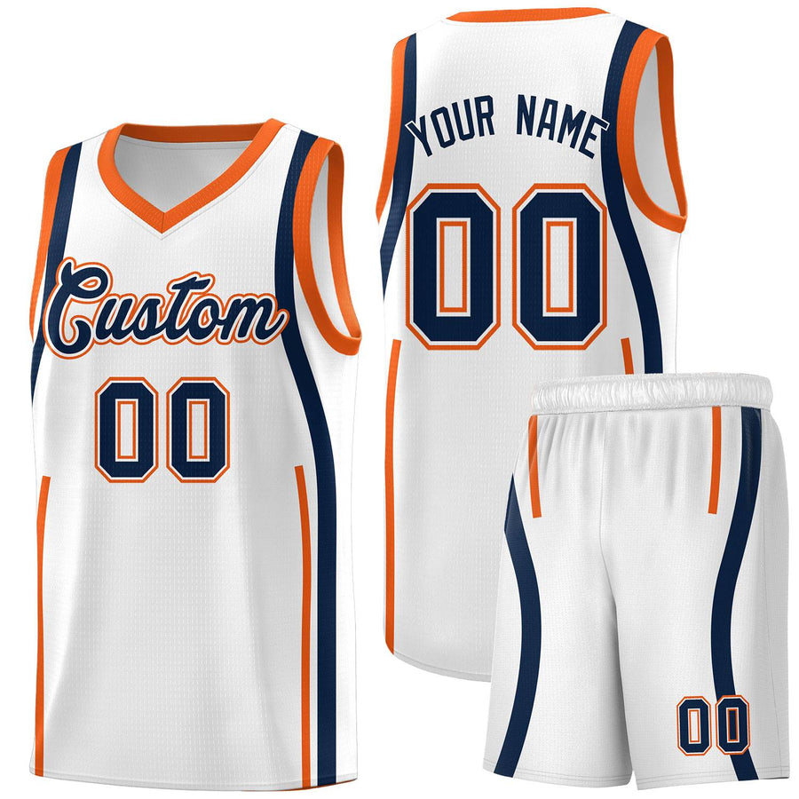 Custom White Navy-Orange Ribbon Pattern Basketball Kits | BuyFootballJersey
