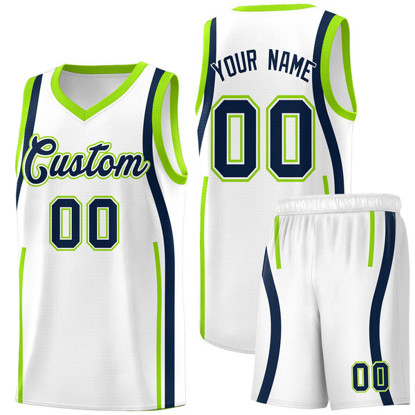 Custom White Fluorescent Green-Navy Ribbon Pattern Basketball Kits | BuyFootballJersey