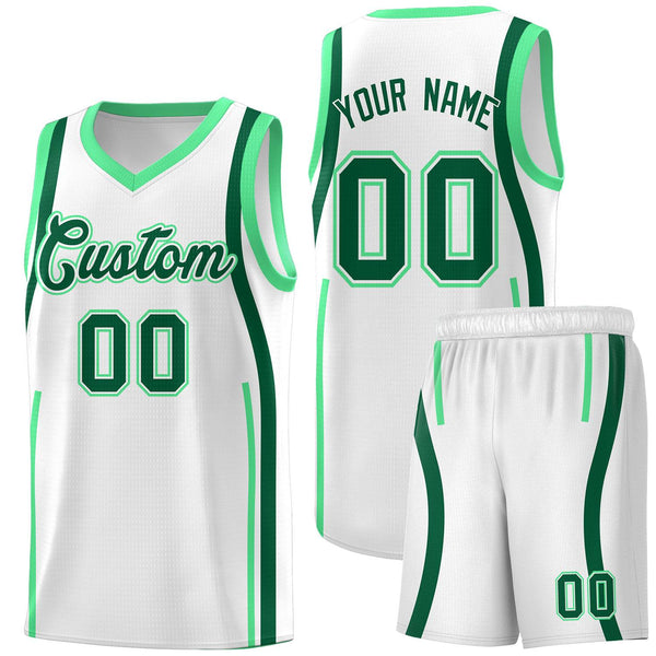 Custom White Kelly Green-Green Ribbon Pattern Basketball Kits | BuyFootballJersey