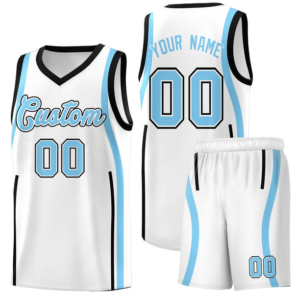 Custom White Light Blue-Black Ribbon Pattern Basketball Kits | BuyFootballJersey