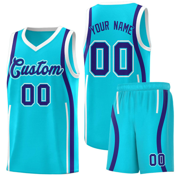 Custom Sky Blue Royal-White Ribbon Pattern Basketball Kits | BuyFootballJersey