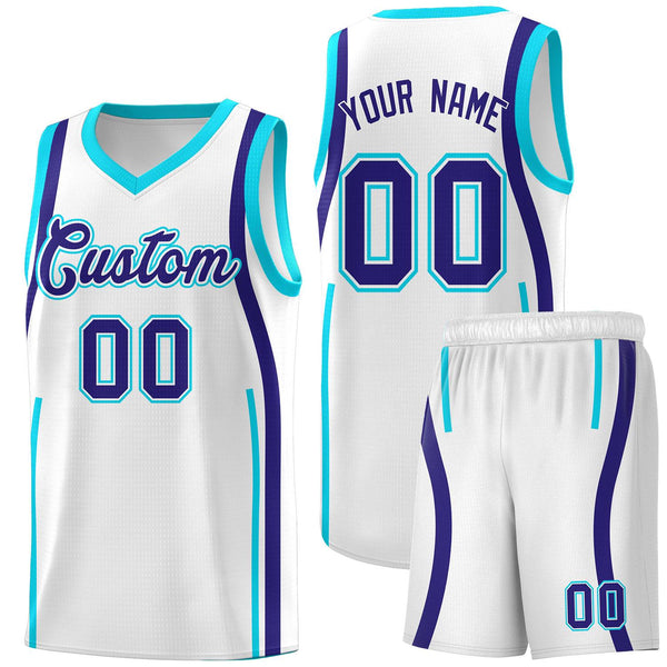 Custom White Sky Blue-Royal Ribbon Pattern Basketball Kits | BuyFootballJersey