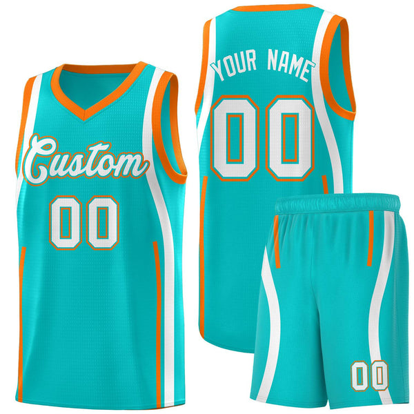 Custom Aqua Orange-White Ribbon Pattern Basketball Kits | BuyFootballJersey