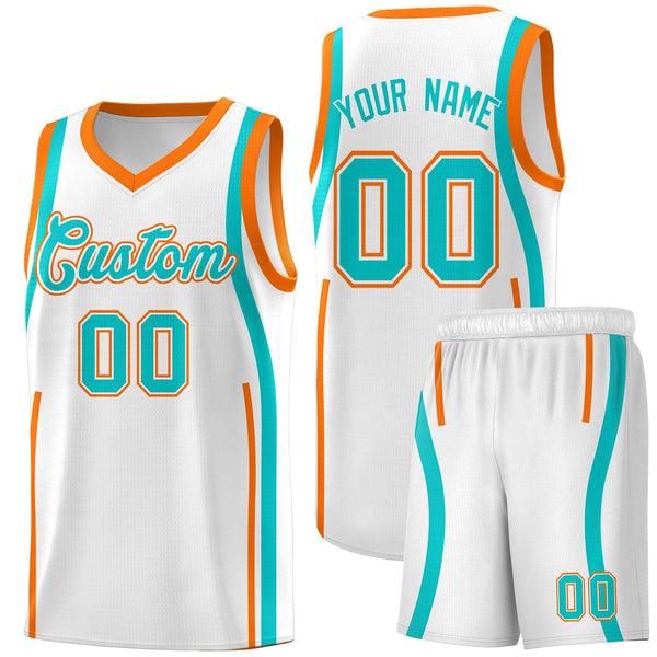 Custom White Aqua-Orange Ribbon Pattern Basketball Kits | BuyFootballJersey