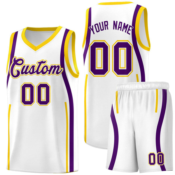 Custom White Purple-Gold Ribbon Pattern Basketball Kits | BuyFootballJersey