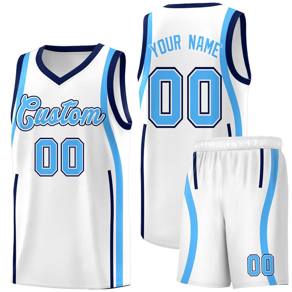 Custom White Powder Blue-Navy Ribbon Pattern Basketball Kits | BuyFootballJersey