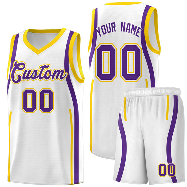 Custom White Gold-Purple Ribbon Pattern Basketball Kits | BuyFootballJersey