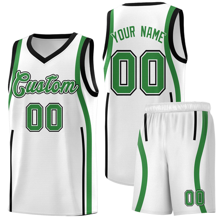 Custom White Kelly Green-White Ribbon Pattern Basketball Kits | BuyFootballJersey