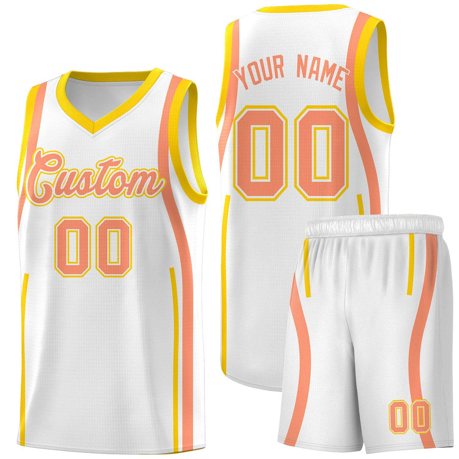 Custom White Light Orange-Gold Ribbon Pattern Basketball Kits | BuyFootballJersey