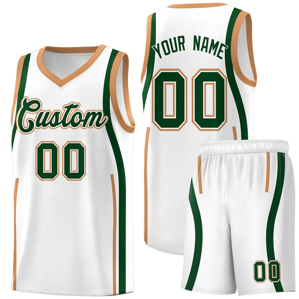 Custom White Green-Buckskin Brown Ribbon Pattern Basketball Kits | BuyFootballJersey
