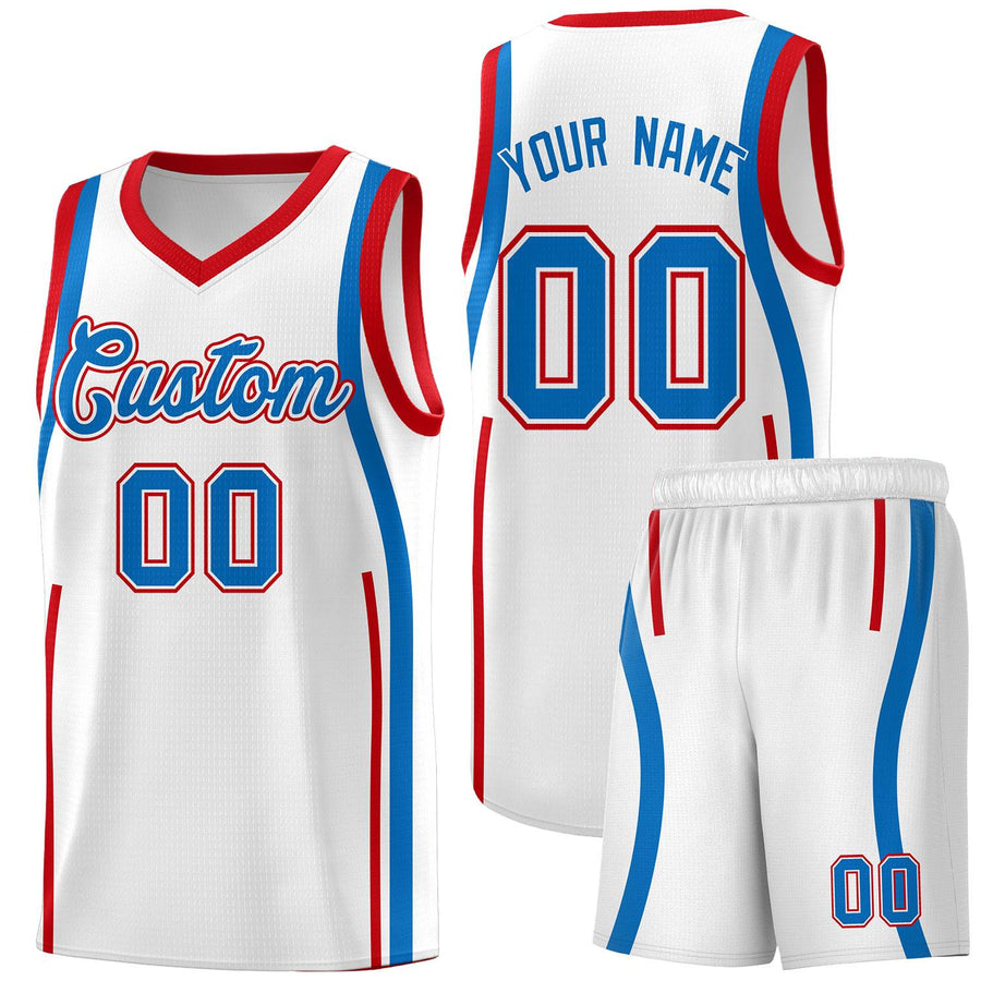 Custom White Royal-Red Ribbon Pattern Basketball Kits | BuyFootballJersey