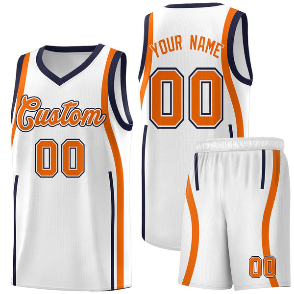 Custom White Navy-Orange Ribbon Pattern Basketball Kits | BuyFootballJersey