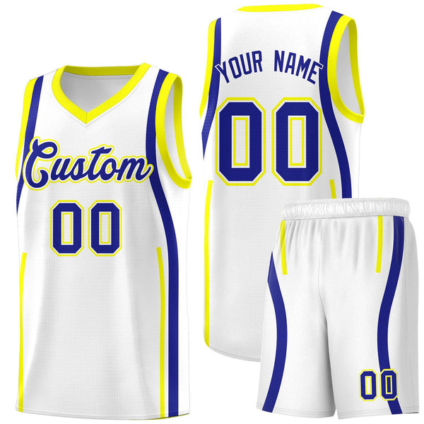 Custom White Royal-Fluorescent Yellow Ribbon Pattern Basketball Kits | BuyFootballJersey