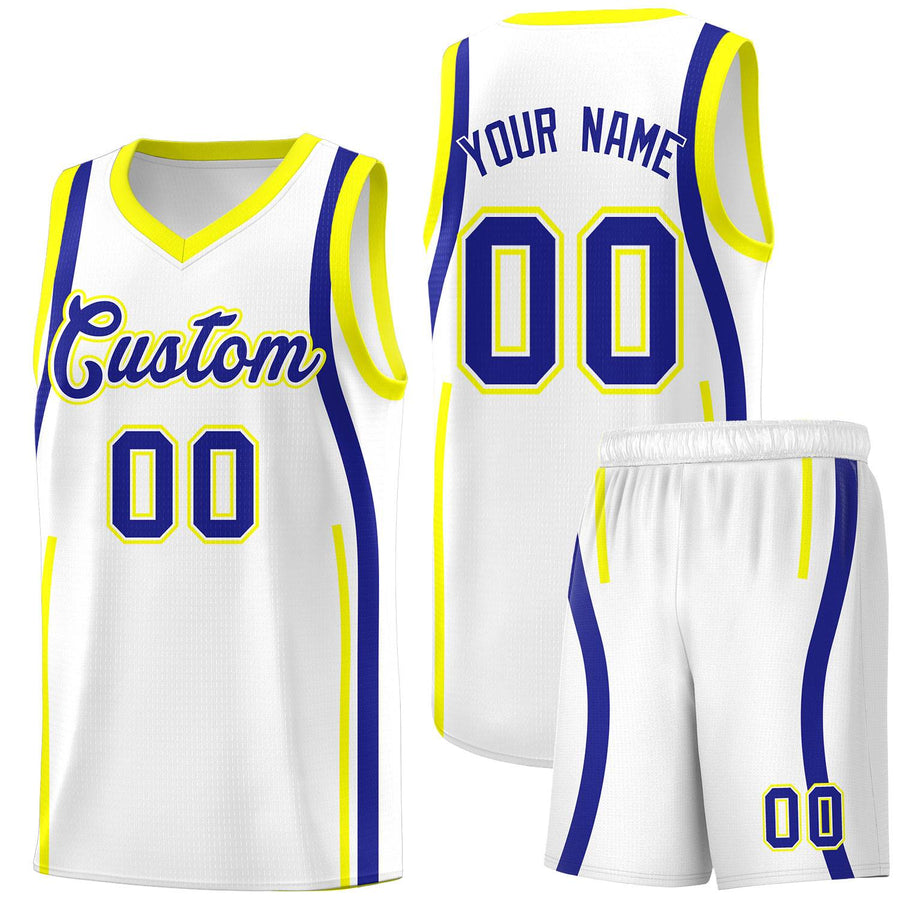 Custom White Royal-Fluorescent Yellow Ribbon Pattern Basketball Kits | BuyFootballJersey
