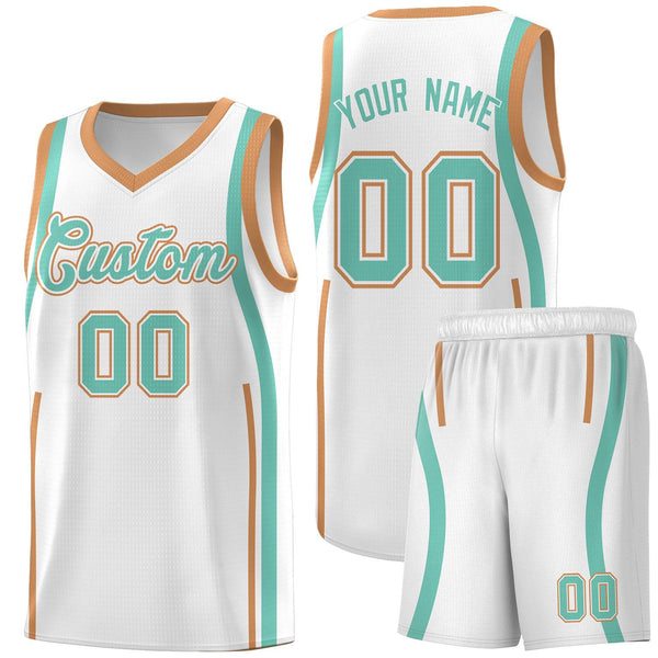 Custom White Bright Green-Buckskin Brown Ribbon Pattern Basketball Kits | BuyFootballJersey
