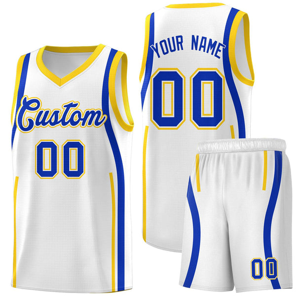 Custom White Royal-Gold Ribbon Pattern Basketball Kits | BuyFootballJersey