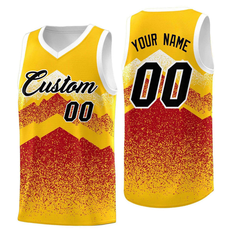 Custom Gold Red Mountain Fade Sublimation Printing Gradient Fashion Uniform Basketball Jersey | BuyFootballJersey