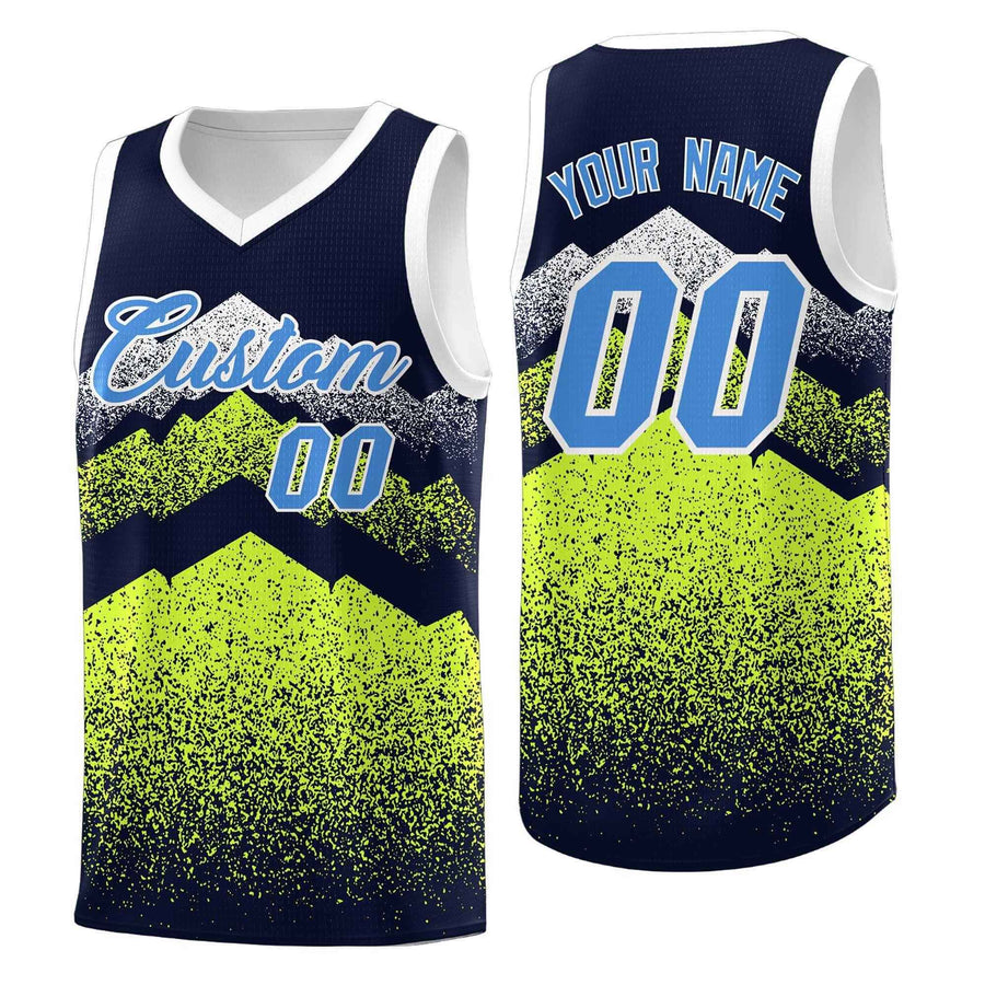 Custom Navy Neon Green Mountain Fade Sublimation Printing Gradient Fashion Uniform Basketball Jersey | BuyFootballJersey
