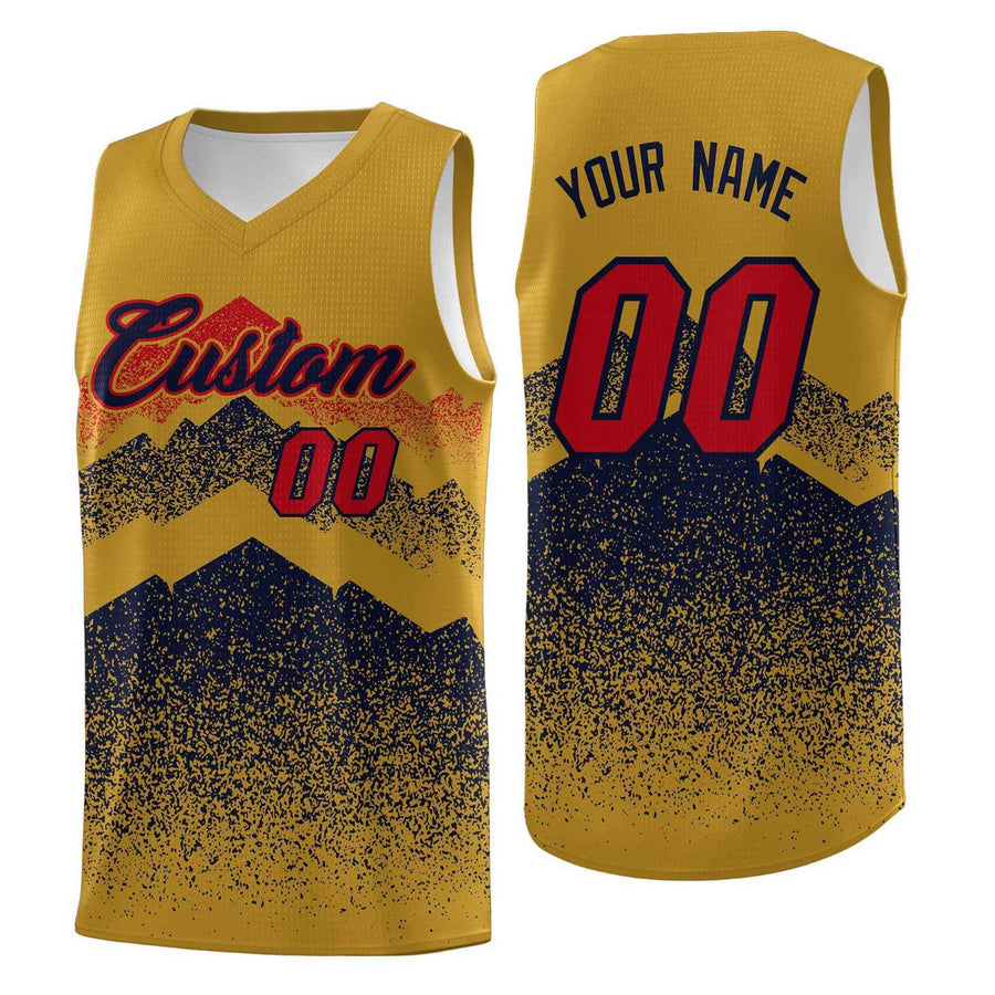 Custom Old Gold Navy Mountain Fade Wrinkle-Resistant Gradient Fashion Uniform Basketball Jersey | BuyFootballJersey