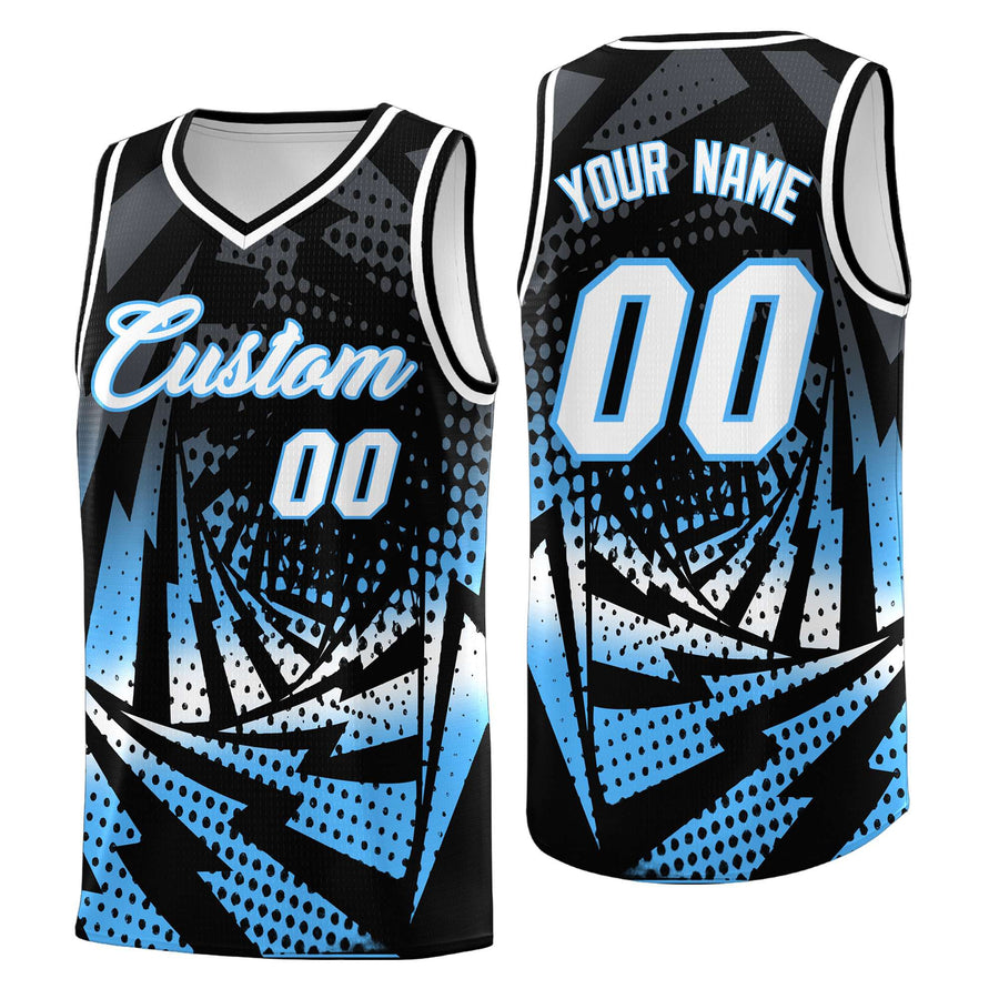 Custom Black Powder Blue Lightning Halftone Dot Design Breathable Uniform Basketball Jersey | BuyFootballJersey