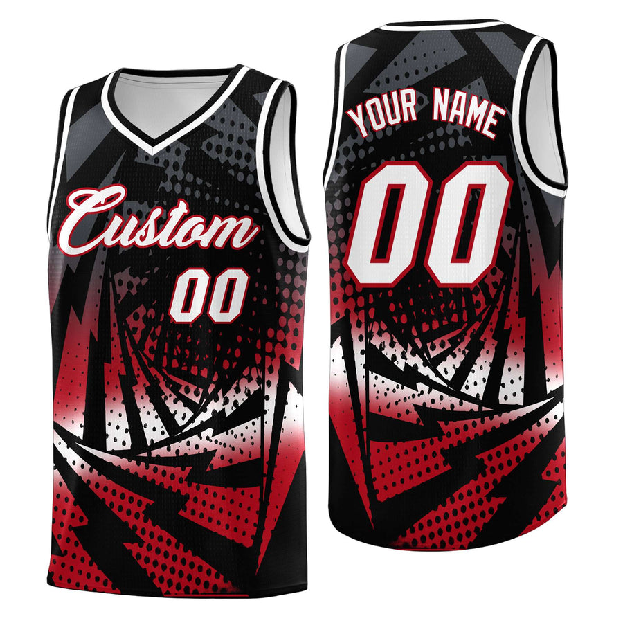 Custom Black Red Lightning Halftone Dot Design Quick-Drying Uniform Basketball Jersey | BuyFootballJersey