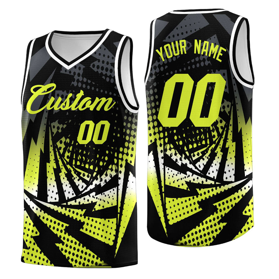 Custom Black Fluorescent Green Lightning Halftone Dot Design Wrinkle-Resistant Uniform Basketball Jersey | BuyFootballJersey
