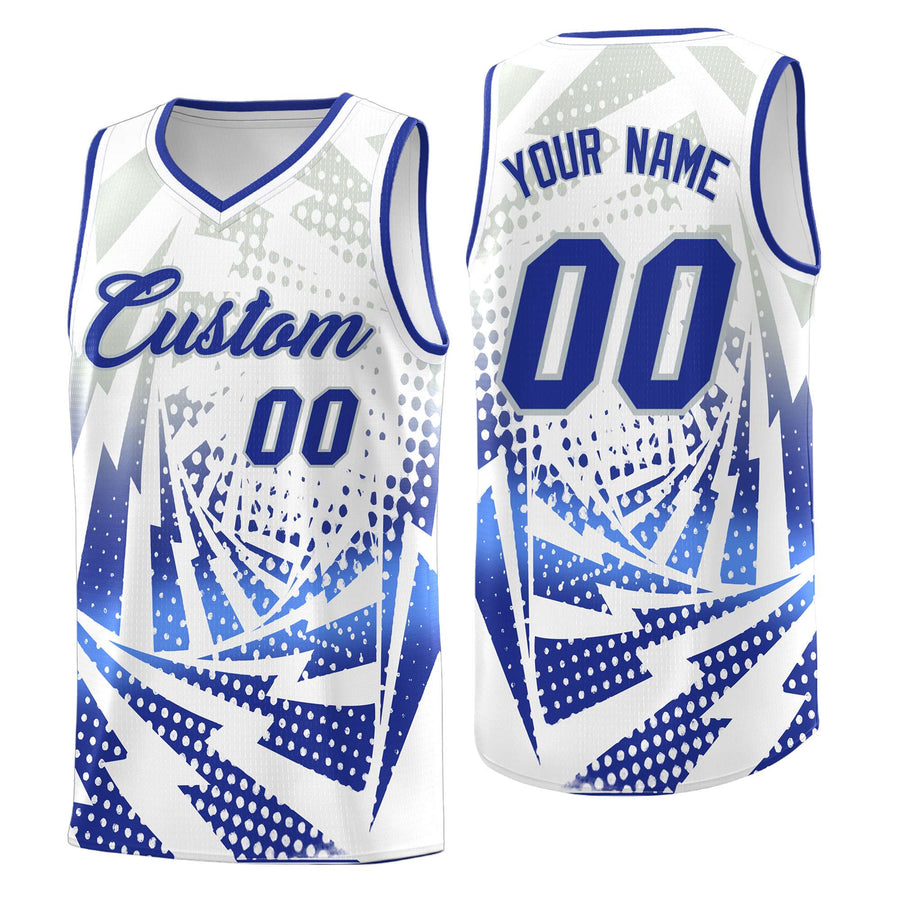 Custom White Royal Blue Lightning Halftone Dot Design Drapable Uniform Basketball Jersey | BuyFootballJersey