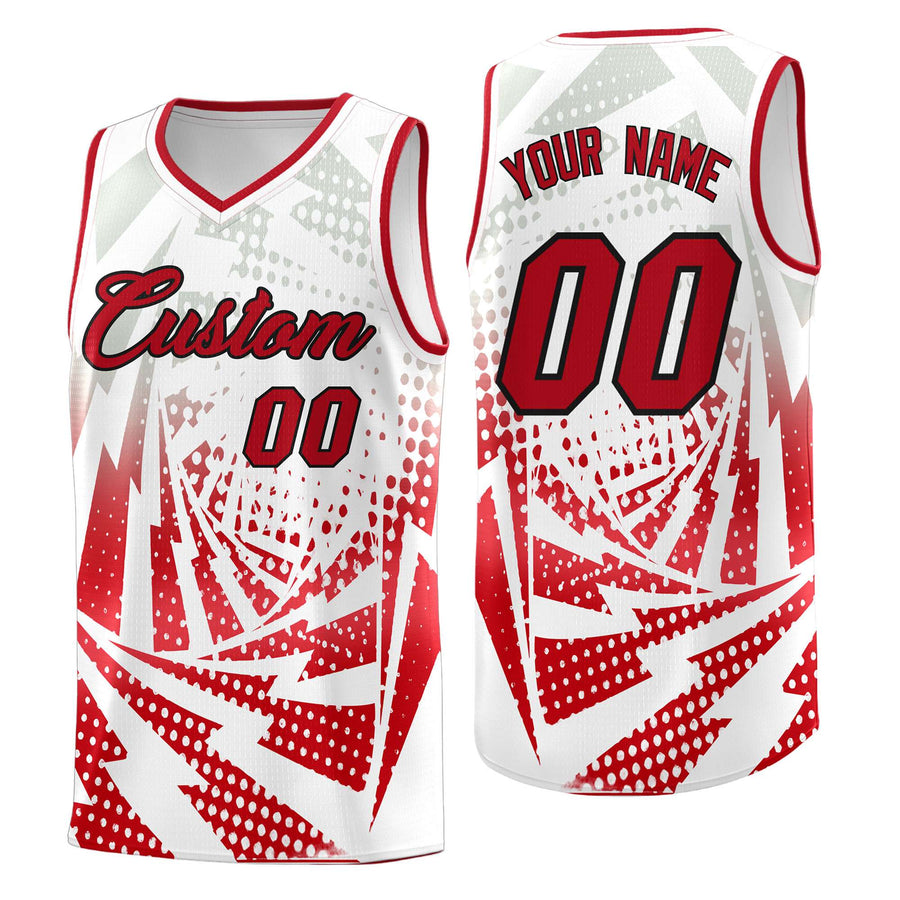 Custom White Red Lightning Halftone Dot Design Breathable Uniform Basketball Jersey | BuyFootballJersey