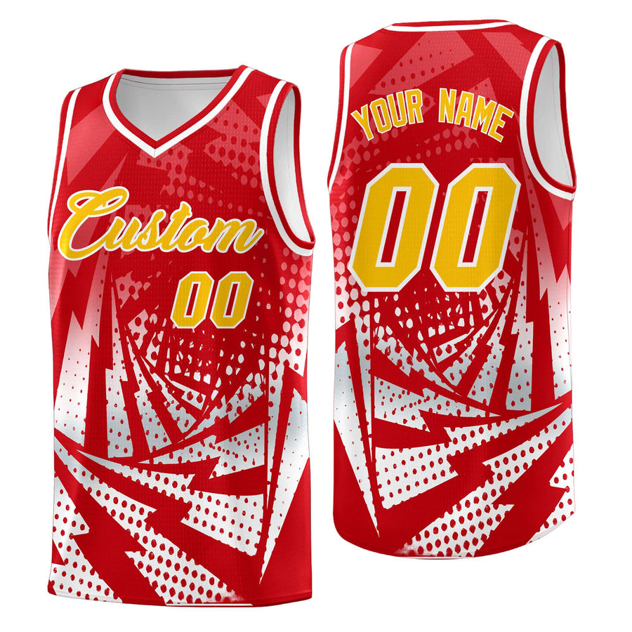 Custom Red White Lightning Halftone Dot Design Lightweight Uniform Basketball Jersey | BuyFootballJersey
