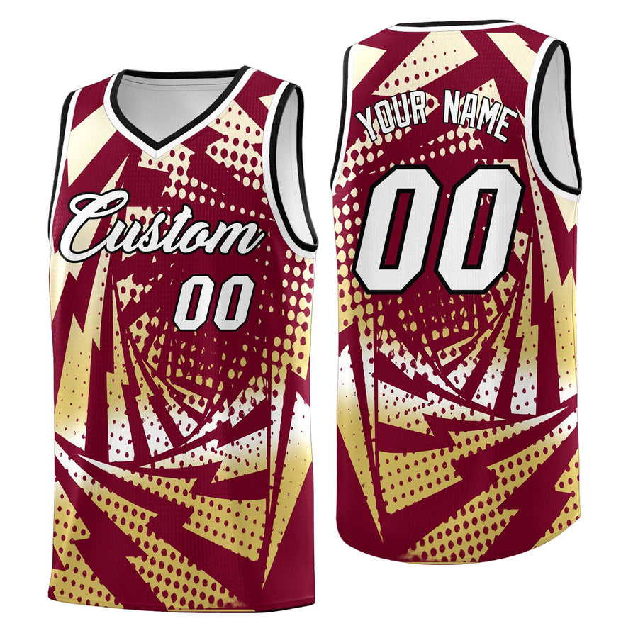 Custom Crimson Old Gold Lightning Halftone Dot Design Wrinkle-Resistant Uniform Basketball Jersey | BuyFootballJersey