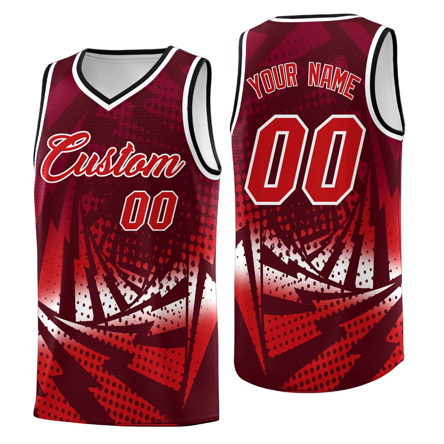 Custom Maroon Red Lightning Halftone Dot Design Drapable Uniform Basketball Jersey | BuyFootballJersey