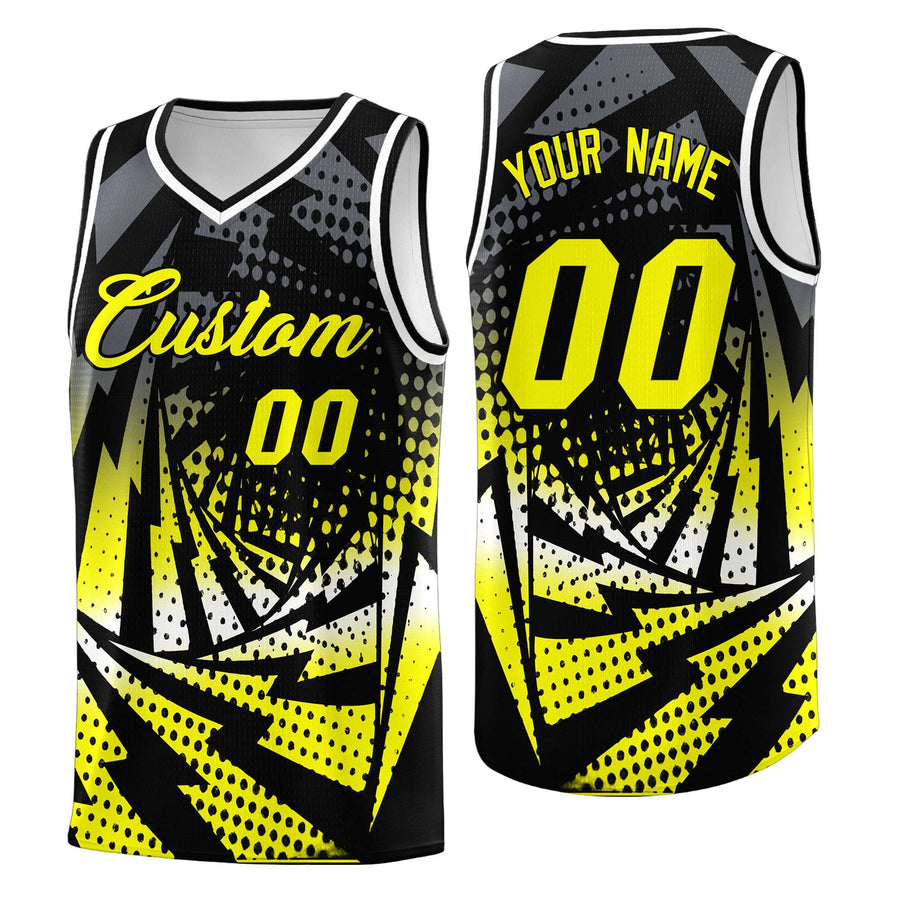 Custom Black Fluorescent Yellow Lightning Halftone Dot Design Breathable Uniform Basketball Jersey | BuyFootballJersey